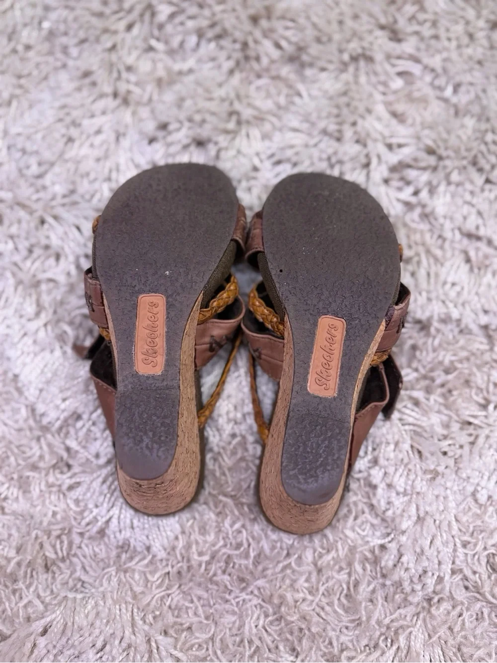 Skechers Modiste Electric Bond Brown Leather Cork Wedge Sandals Size 5